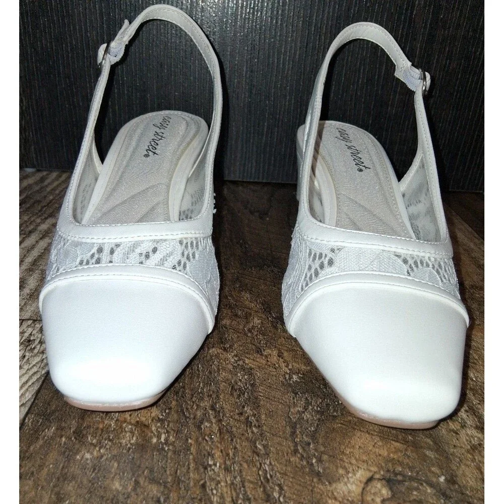 NEW! Women's Easy Street Fortune White Lace Square Toe Slingback Pumps, Size 7M